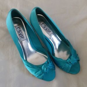 Cute sexy teal blue kitten heel peep toe shoes 7